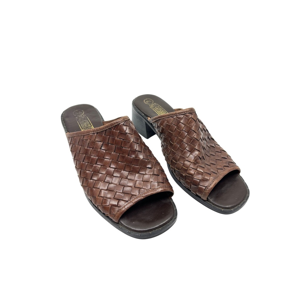 The Leather Collection Brown Woven Leather Block Heel Slide Mules Sandals 8.5